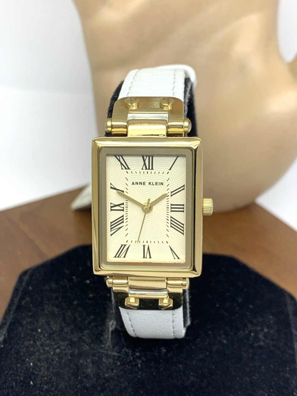 Anne Klein Women's Watch AK\3752 Quartz Tank Gold White Leather Band 22mm